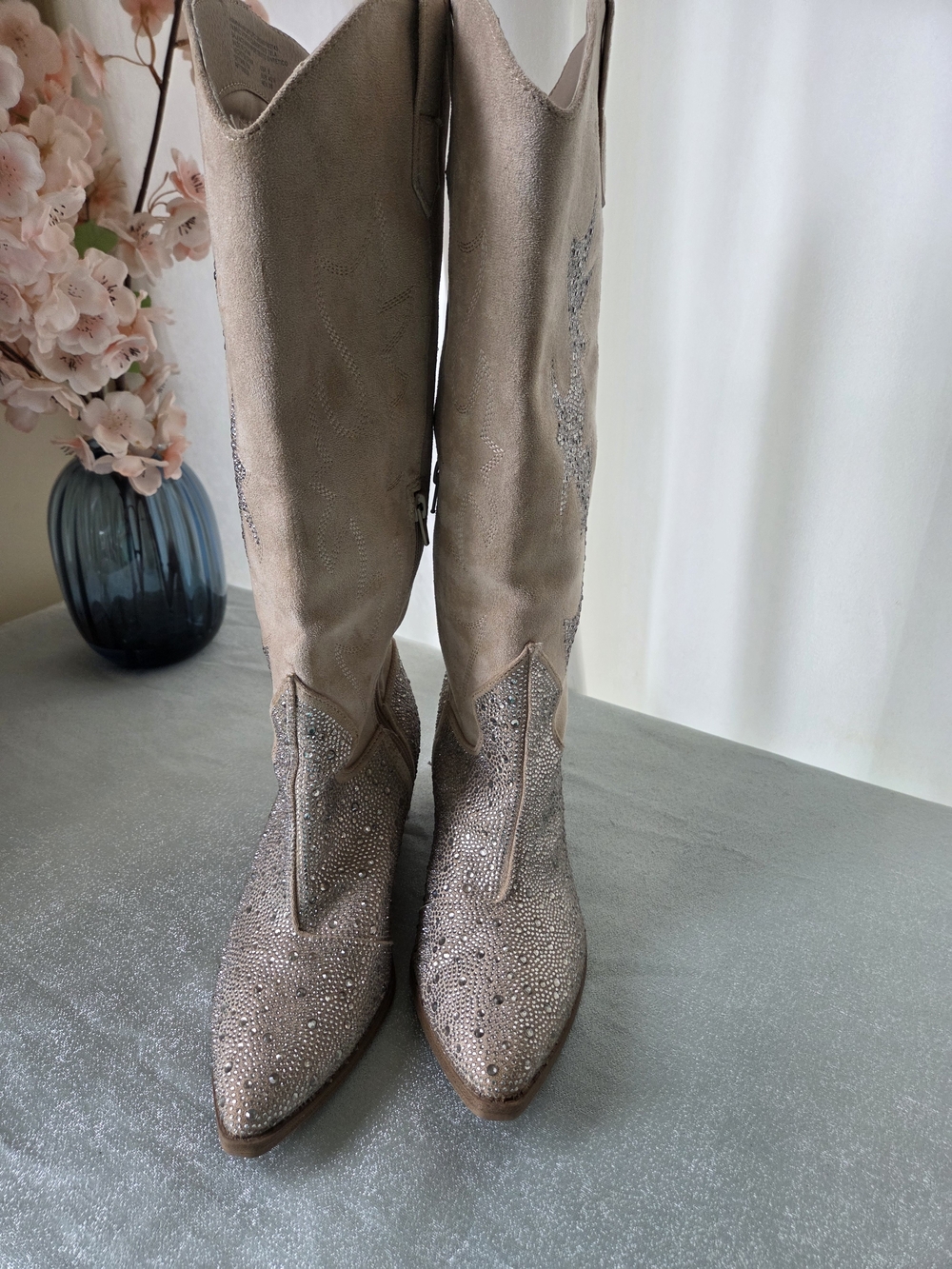 Crystal Embellished Taupe Tan Suede Knee-High Western Cow Girl Boots Madden NYC - Picture 12 of 16